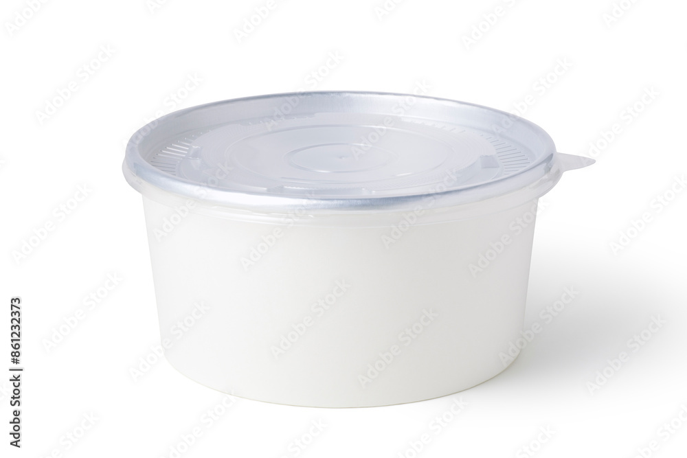 Disposable paper bowl with plastic lid isolated on white background Disposable paper bowl with plastic lid isolated on white background
