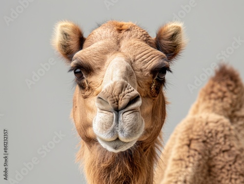 Close-up portrait of a brown dromedary camel with a single hump