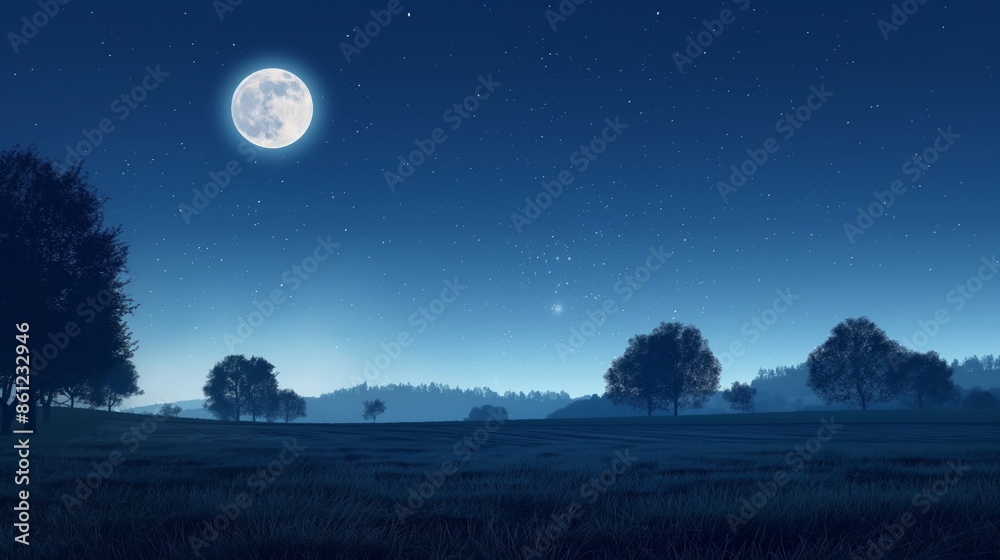 A bright full moon illuminating a peaceful field with trees, a clear starry night sky, and rolling hills in the distance. A bright full moon illuminating a peaceful field with trees, a clear starry night sky, and rolling hills in the distance.