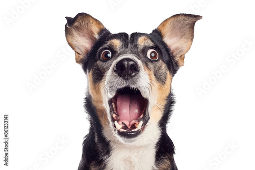 A surprised black and tan dog with wide eyes and open mouth, captured on white background, displaying an expressive and humorous reaction.