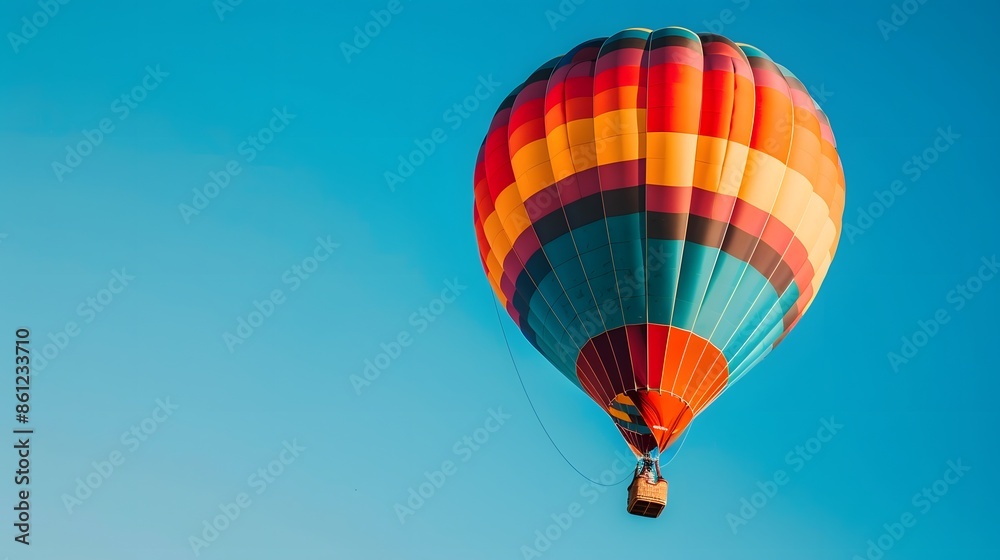 Naklejka premium Striped colors hot air balloon flying on blue sky. 