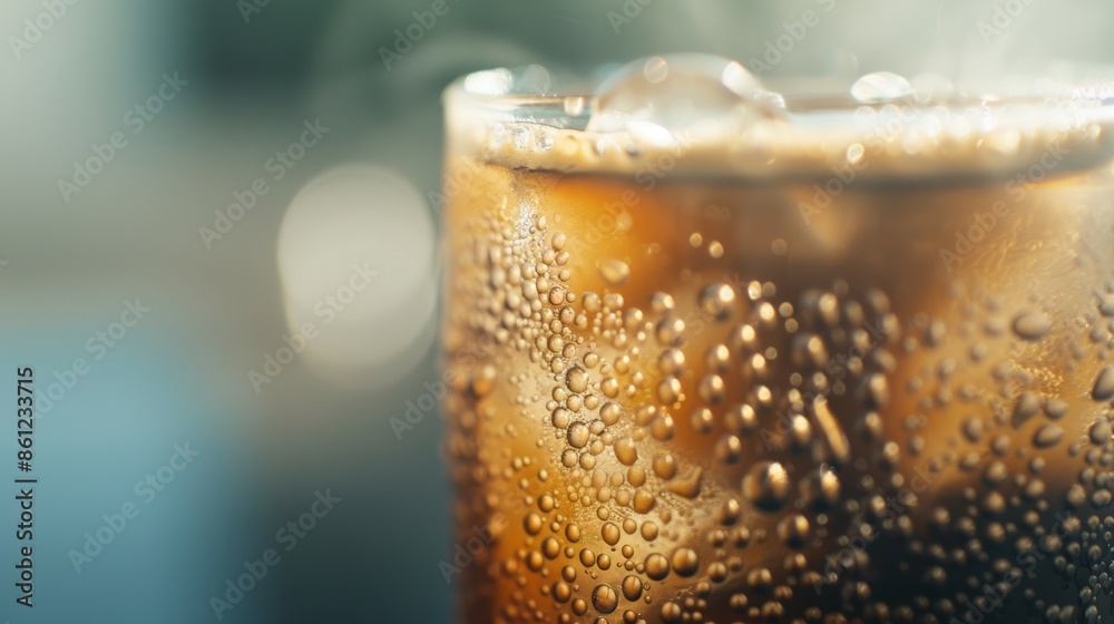 Close-up of a refreshing cold drink in a glass with ice cubes and condensation on a blurred background. Perfect for summer and beverage themes. Close-up of a refreshing cold drink in a glass with ice cubes and condensation on a blurred background. Perfect for summer and beverage themes.