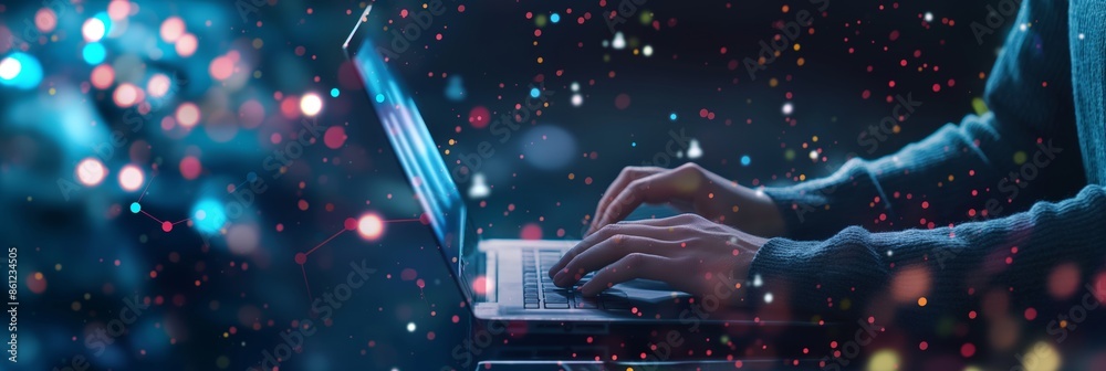 A person typing on a laptop with vibrant and colorful bokeh effects in the background, representing creativity, focus, and technological engagement. A person typing on a laptop with vibrant and colorful bokeh effects in the background, representing creativity, focus, and technological engagement.