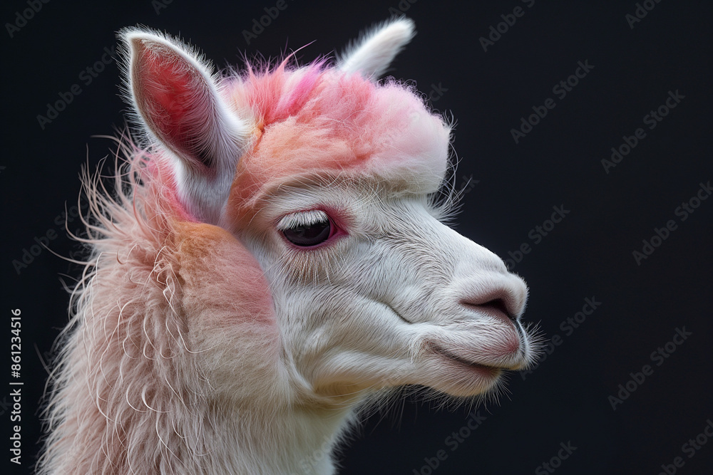 Profile of a white llama with pink-tinted fur creating a cute and striking portrait against a dark background