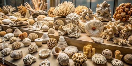 Collection of various coral fossils on display in a museum exhibit, coral, fossil, collection, ancient, marine, preserved photo