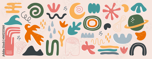 Vector set of abstract geometric shapes, lines and nature forms. Collection of hand drawn trendy basic simple figures, organic matisse design elements. Freehand childish icons, freeform doodle objects