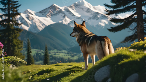 a scene with a lone wolf observing Fairy Meadows from a distance. photo