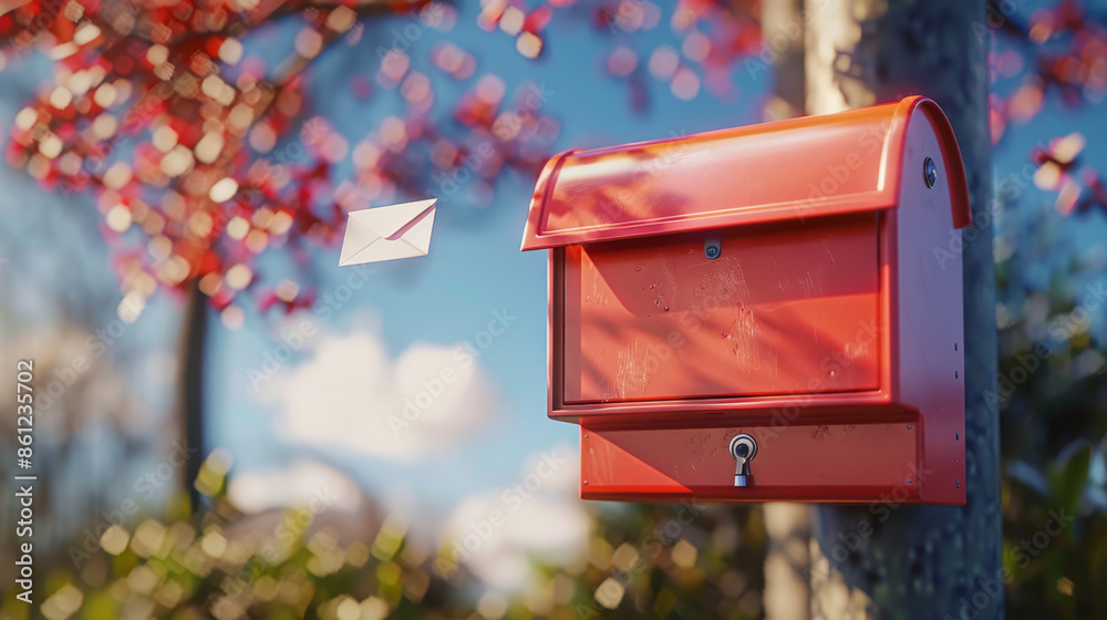 Red mailbox with a flying envelope, showing the concept of mail delivery and newsletters. This is a 3D rendering. Red mailbox with a flying envelope, showing the concept of mail delivery and newsletters. This is a 3D rendering.