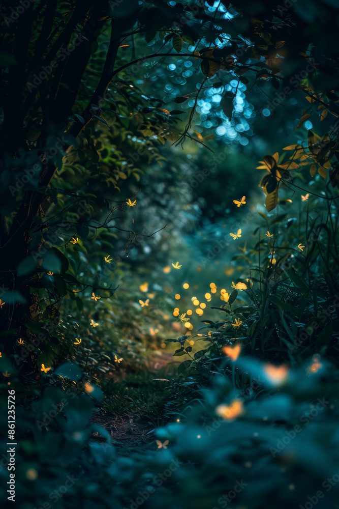 Obraz premium Enchanted Forest Path with Glowing Fireflies at Twilight