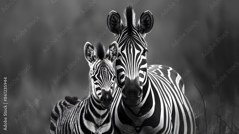 Fototapeta premium Plains zebra and foal stand facing camera.
