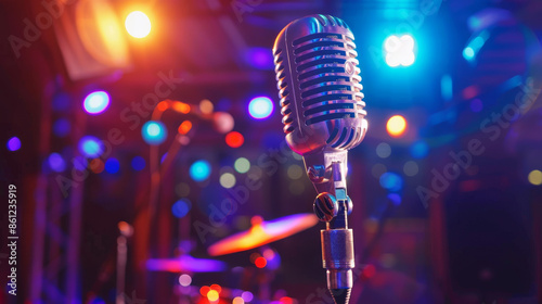 Retro microphone on stage under colorful lights. Perfect banner for live music events or podcasts.