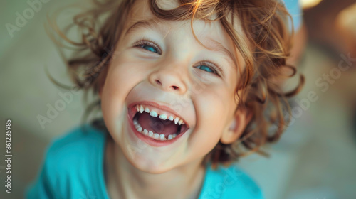 Glückliches Kind, konzentriert auf Gesichtsausdruck, lachend, Nahaufnahme