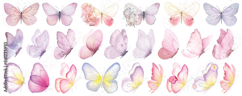 Butterfly collection. Watercolor illustration. Colorful Butterflies clipart set. Baby shower design elements. Party invitation, birthday celebration. Spring or summer decoration