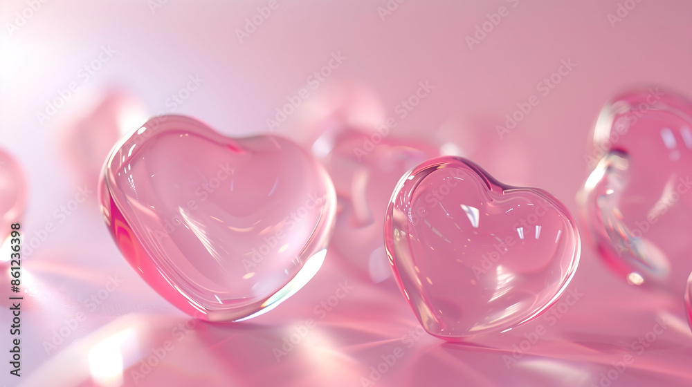 A pink background with hearts in a clear glass.
