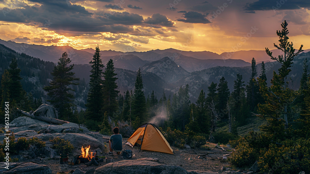 Tent on rocky mountain, campfire Tent on rocky mountain, campfire