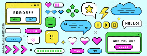 Set of pixel dialogue boxes different shapes. Color chat speech bubbles, buttons, message frames, battery charge level and error in 8bit retro style. Pixelated arrow, love hearts and game asset icons.