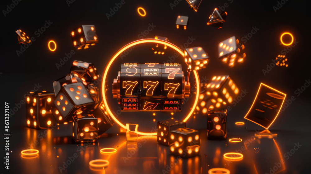 Casino games like slot machines, dice, and card games are featured on a black background with a golden neon ring surrounding them. Casino games like slot machines, dice, and card games are featured on a black background with a golden neon ring surrounding them.