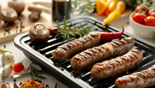 Electric grill with homemade sausages, mushrooms, vegetables and spices on white table in kitchen