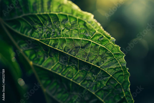 Close Up of Green Leaf with Sunlight Nature's Intricate Details Captured in Macro photo