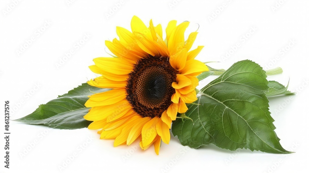Obraz premium Single Sunflower with Green Leaves on White Background