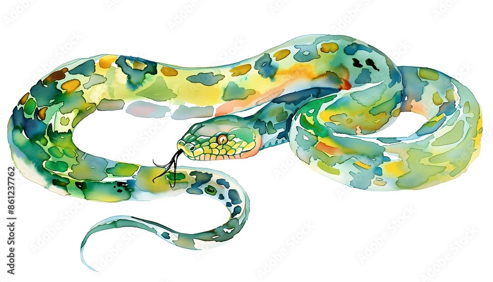 A watercolor painting of a green and yellow snake isolated on a white background