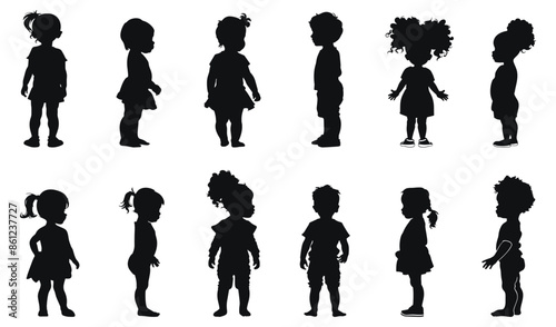 Toddlers silhouette vector black and white illustration. Young children in side view with different poses, kindergarten kids.