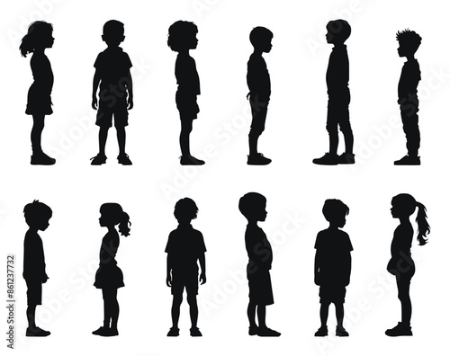 Standing children silhouettes vector black and white illustration. Kids waiting in various poses from side view.