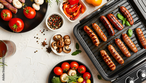 Electric grill with homemade sausages, mushrooms, vegetables and spices on white table in kitchen