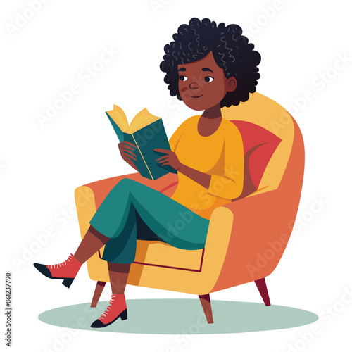 Young girl comfortably reading in a cozy armchair, vector cartoon illustration.