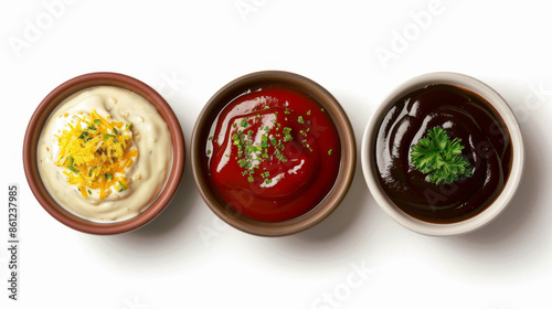 Various sauces in a ceramic bowl from above. Mustard, burger sauce, tartar, and ketchup are all isolated on a white background.