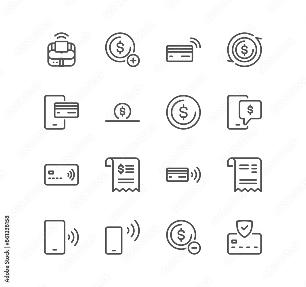 Set of payment method related icons, cash money, coins, credit card, wallet, bank check, cashless pay, receipt, contactless purchase and linear variety vectors.	
