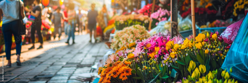 Obraz premium Vibrant Flower Market at Sunset Colorful Blooms and Busy Street Scene