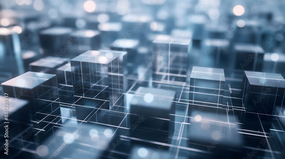 Obraz premium 5. Generate a dynamic grid of interconnected squares and rectangles, textured with a subtle gradient from light blue to white, enhancing your presentation with a futuristic touch.