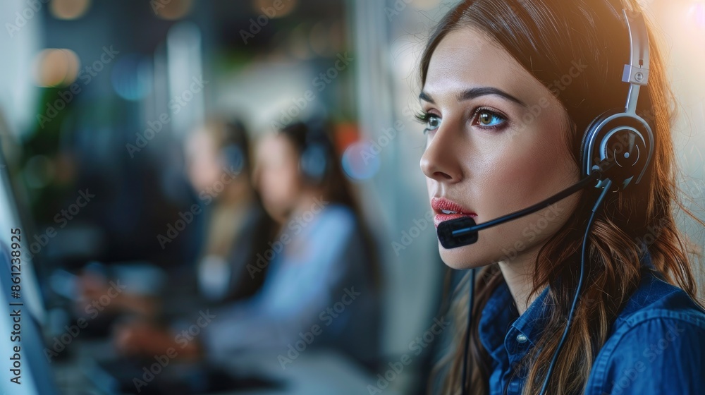 A Customer Service Representative Using A Headset While Working At A Call Center, Her Expression Attentive And Helpful A Customer Service Representative Using A Headset While Working At A Call Center, Her Expression Attentive And Helpful