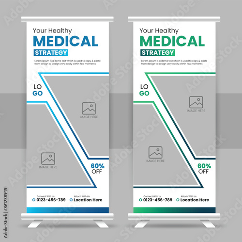 Modern medical healthcare services roll up or minimalist corporate business signage standee exhibition and professional display pull up banner template