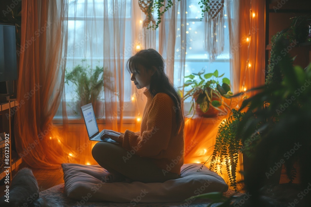 Entrepreneur working in cozy home with plants Entrepreneur working in cozy home with plants