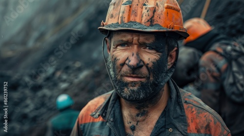 Workers With Coal At An Open Pit, Their Faces Showing Determination And Resilience