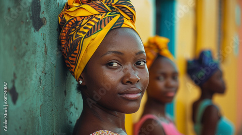 Three women wearing colorful head scarves stand in front of a green wall