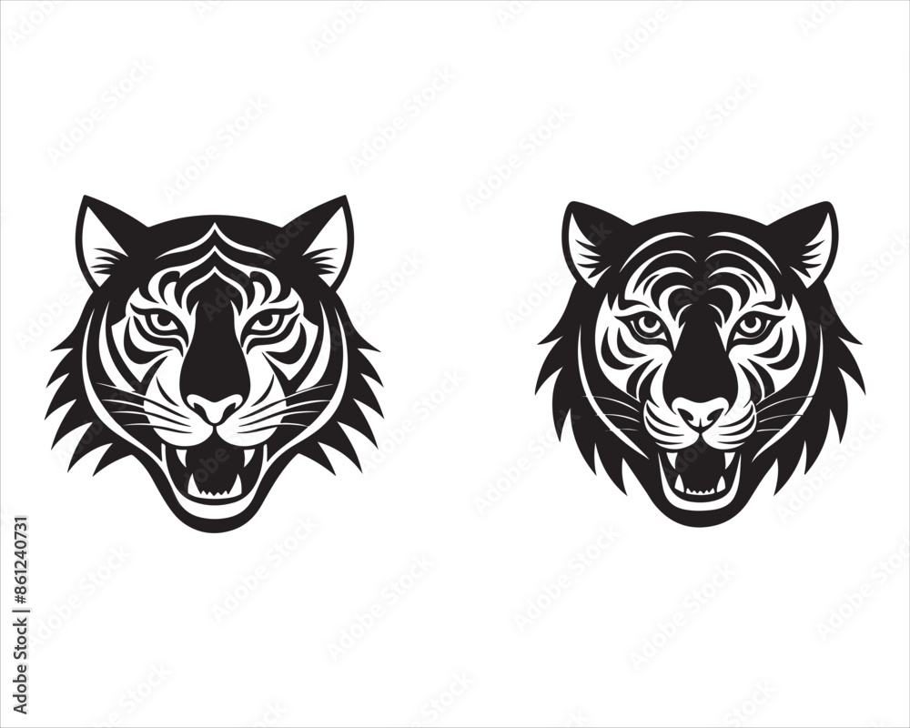 Fototapeta premium A tiger face in a black and white pattern - created with Generative AI technology