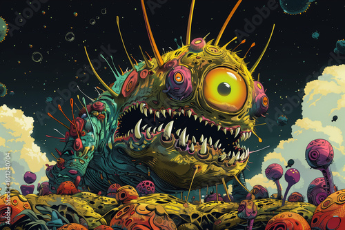 Colorful and menacing alien monster in a surreal otherworldly landscape with strange plants and dark sky
