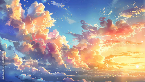 Beautiful cloudscape with pastel-colored clouds illuminated by sunlight, creating a serene and awe-inspiring view of the sky at sunset. © apratim