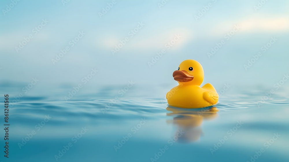A yellow Rubber duck floating on calm water surface, summertime. front view, copy space. A yellow Rubber duck floating on calm water surface, summertime. front view, copy space.