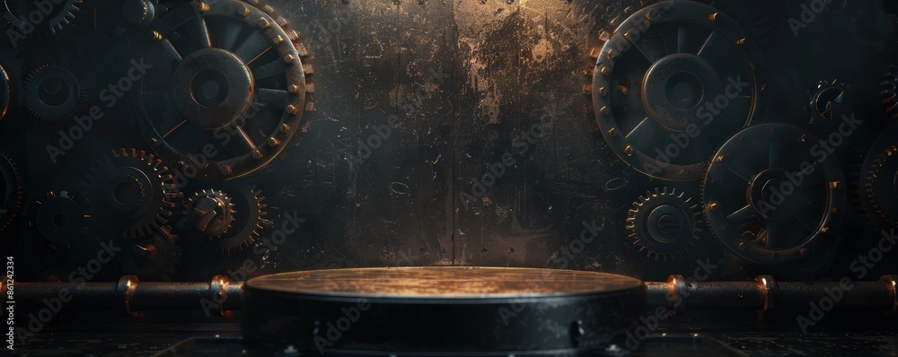 Naklejka premium Vintage industrial background with rusty gears and metallic textures, perfect for steampunk themes or mechanical designs.