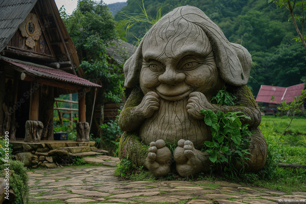 Large whimsical stone sculpture of a smiling creature surrounded by greenery in a serene village setting Large whimsical stone sculpture of a smiling creature surrounded by greenery in a serene village setting