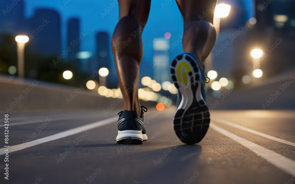 Fototapeta premium athlete running through the night city, close-up sneakers, lantern lights, training and active lifestyle, motion blur effect, soft focus