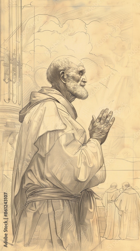 Fototapeta premium The painting of St. Leo the Great in Prayer in 5th-Century Church, Beige Background, Copyspace