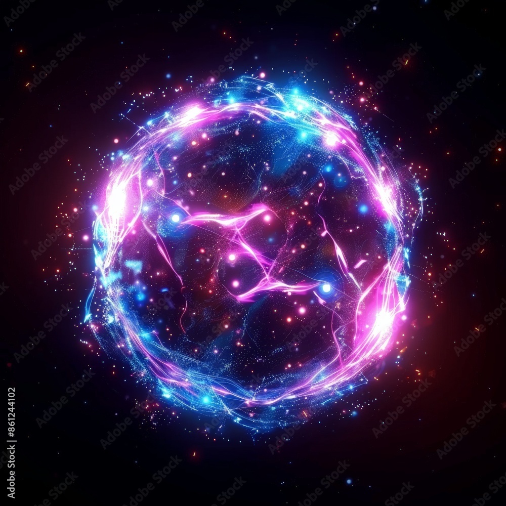 Neon Energy Sphere Surrounded by Dynamic Particles Neon Energy Sphere Surrounded by Dynamic Particles