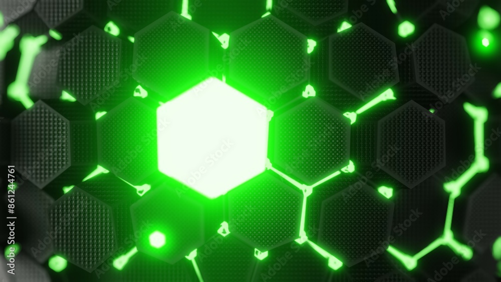 Abstract glowing hexagonal grid with vibrant neon green light, futuristic digital technology pattern