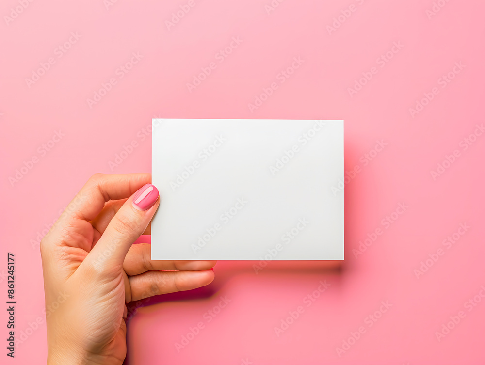 Obraz premium Hand holding a blank white card against a vibrant pink background, perfect for mockups, invitations, and minimalist designs.