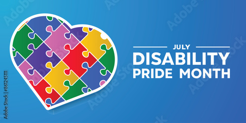 Disability Pride Month. Heart and puzzle. Great for cards, banners, posters, social media and more. Blue background.  